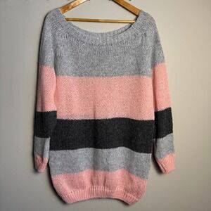 Women's Striped Oversized Boat Neck Sweater Pink Grey Cozy Knit Large Colorblock